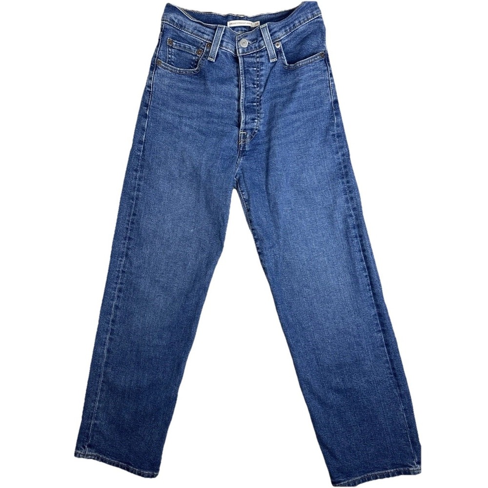 Levis Rib cage Straight Ankle Jeans Women's 24 Blue Button Fly Raw Hem Denim(375